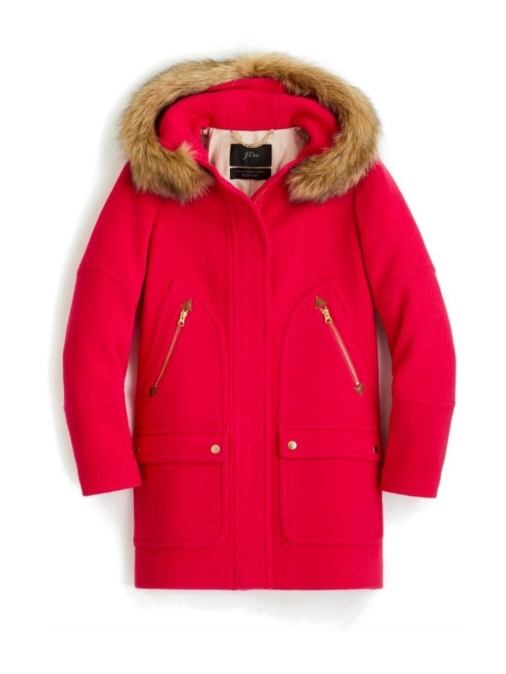 J. Crew Women's Trench Coat with Faux-Fur Hood in Hot Pink and Tan Fur